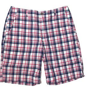 Banana Republic Men's Plaid Shorts Size 35 Red White Blue Cotton Flat Front